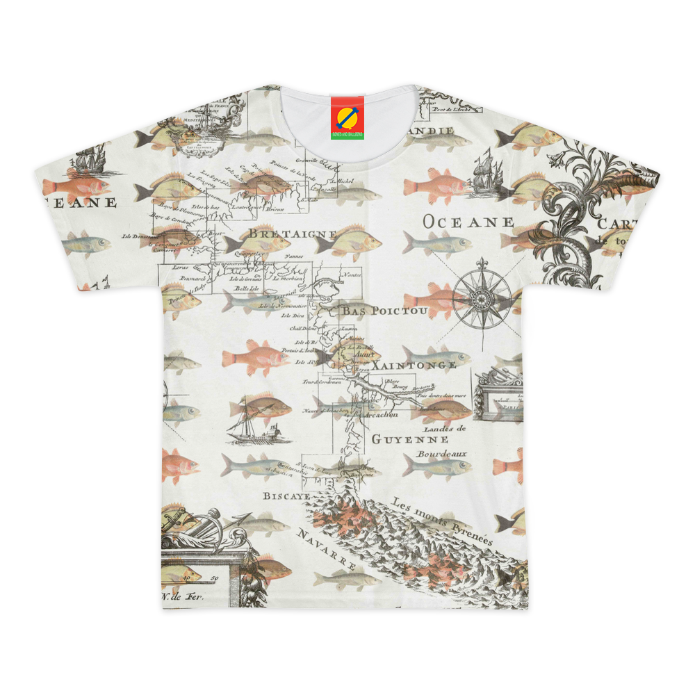 FISH AND A NAUTICAL MAP Women's All Over Print Tee showcasing vibrant colors and nautical design.