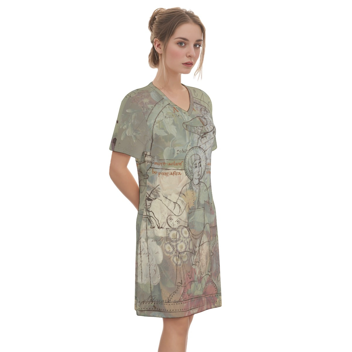 Flower Painting V Neck Tee featuring colorful floral illustrations on a soft cotton fabric, perfect for casual wear.