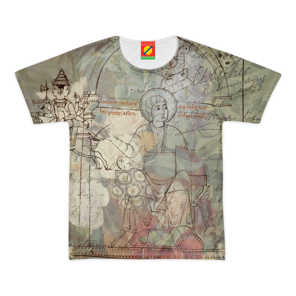 Men's all-over print tee featuring vibrant flower painting and illustrations, made from 100% cotton for comfort.
