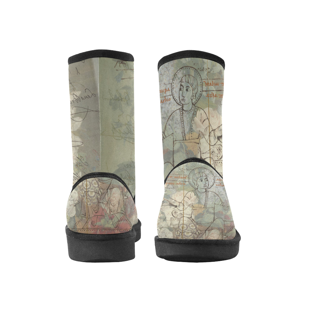 Colorful unisex snow boots featuring a vibrant flower painting design, lightweight construction, and a classic shape for winter fashion.