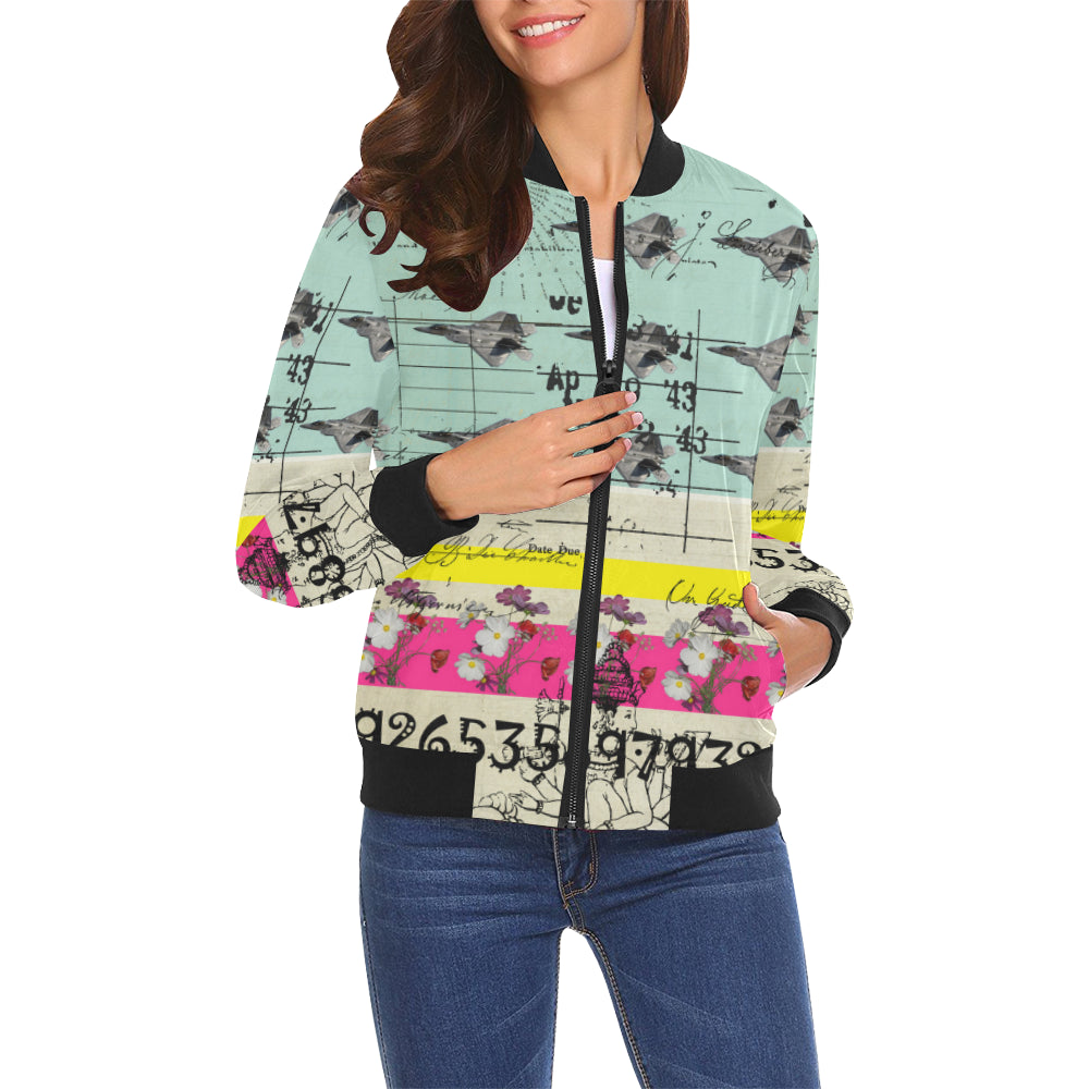A vibrant FLOWER POWER II All Over Print Bomber Jacket for Women featuring a colorful collage design, zip front, and ribbed collar.