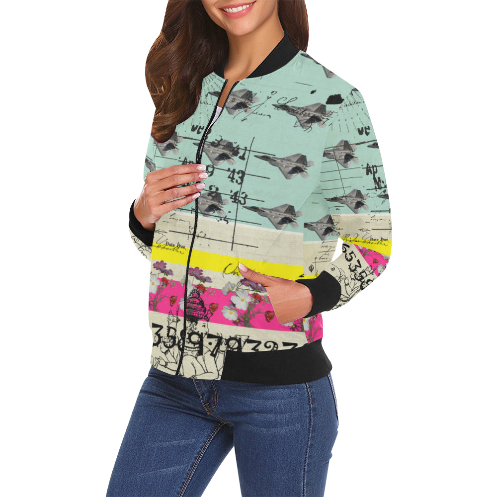 A vibrant FLOWER POWER II All Over Print Bomber Jacket for Women featuring a colorful collage design, zip front, and ribbed collar.