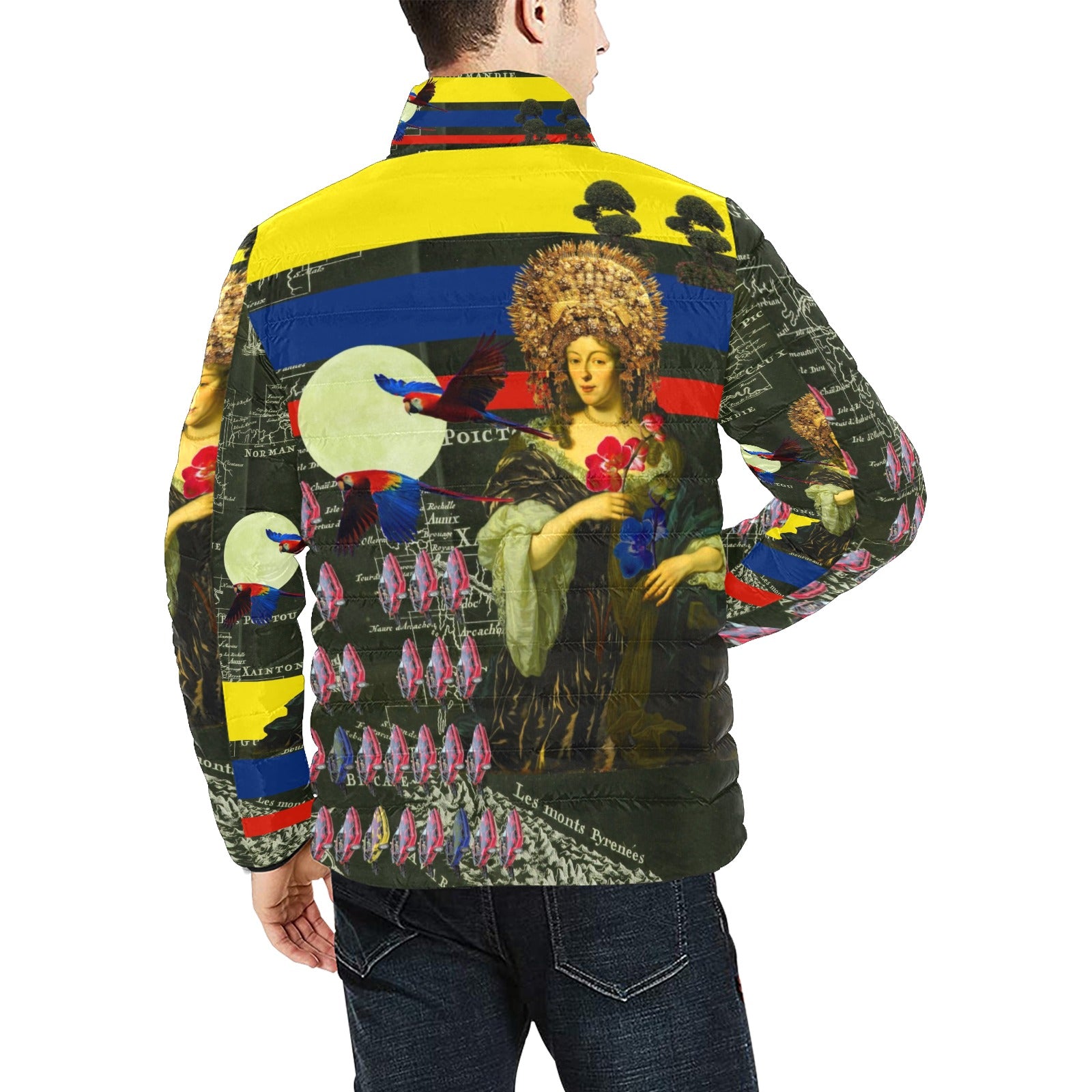 Men's puffer jacket with vibrant all-over print design, featuring a stylish and warm construction.