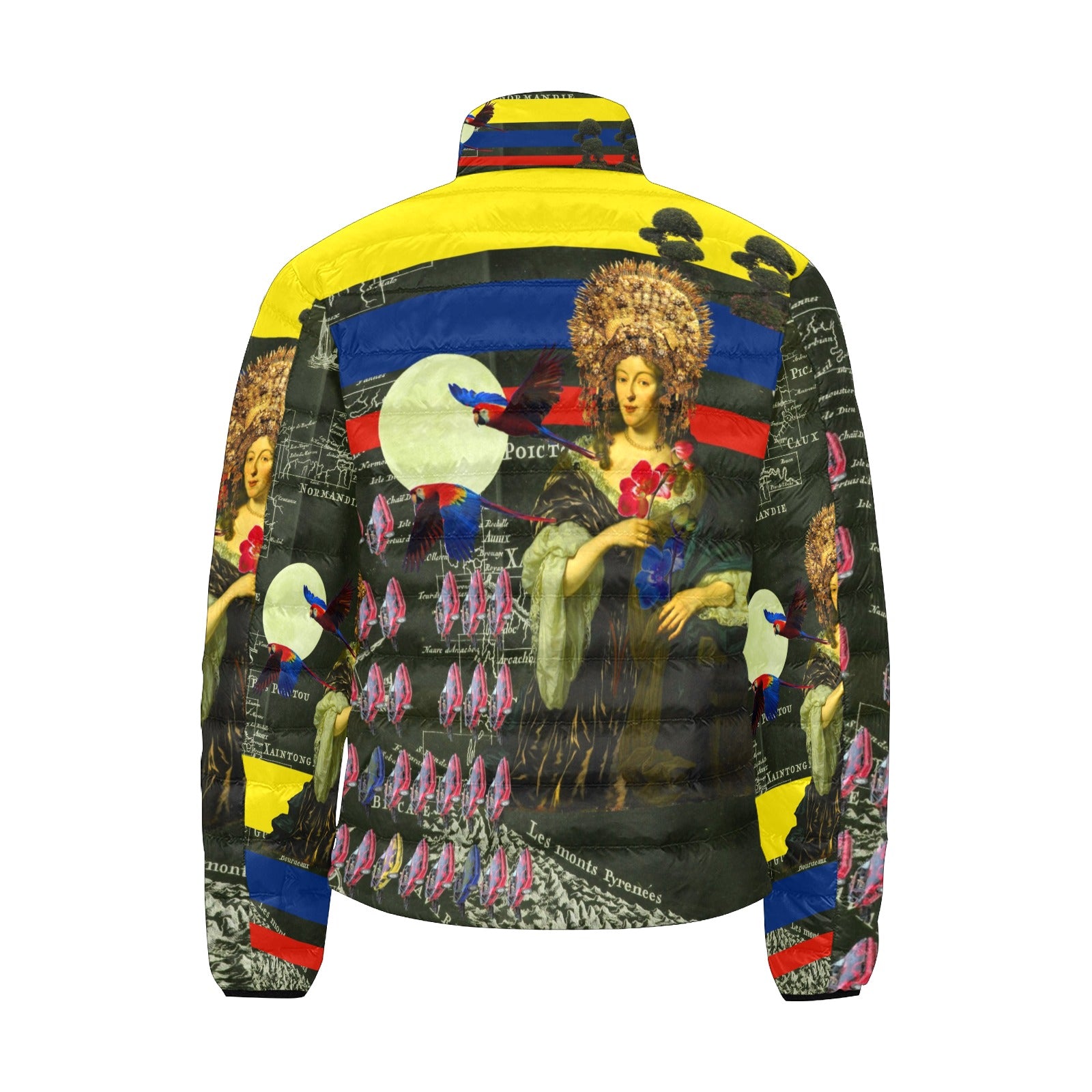 Men's puffer jacket with vibrant all-over print design, featuring a stylish and warm construction.