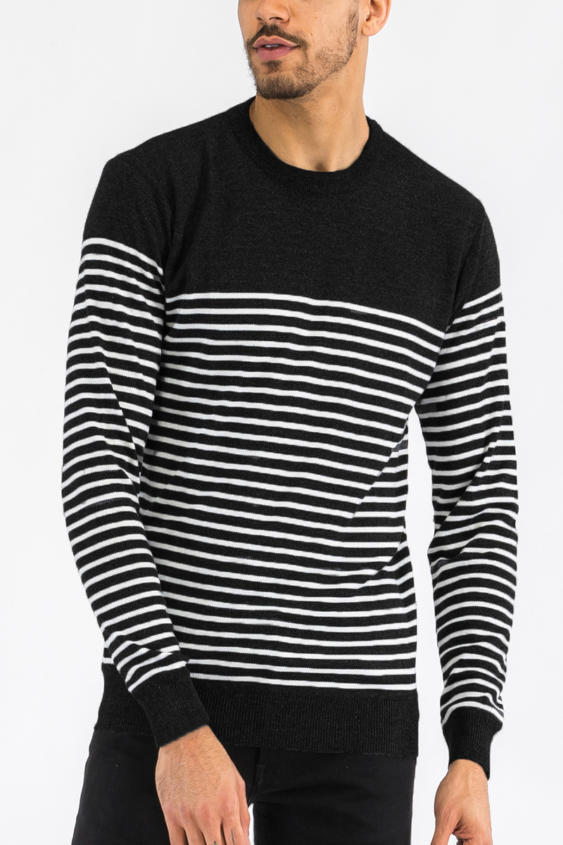 FULL KNIT STRIPED SWEATER NR2014 featuring a round neck design and a stylish two-color stripe pattern, made from 100% polyester.