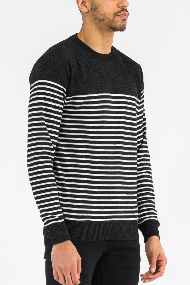 FULL KNIT STRIPED SWEATER NR2014 featuring a round neck design and a stylish two-color stripe pattern, made from 100% polyester.