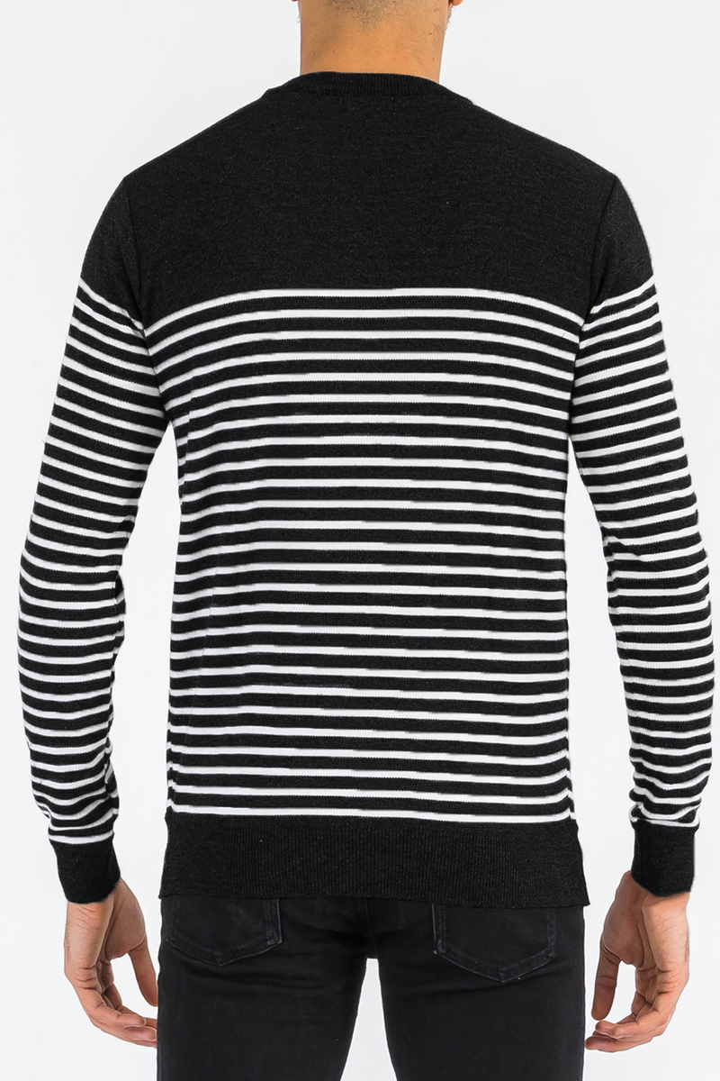 FULL KNIT STRIPED SWEATER NR2014 featuring a round neck design and a stylish two-color stripe pattern, made from 100% polyester.