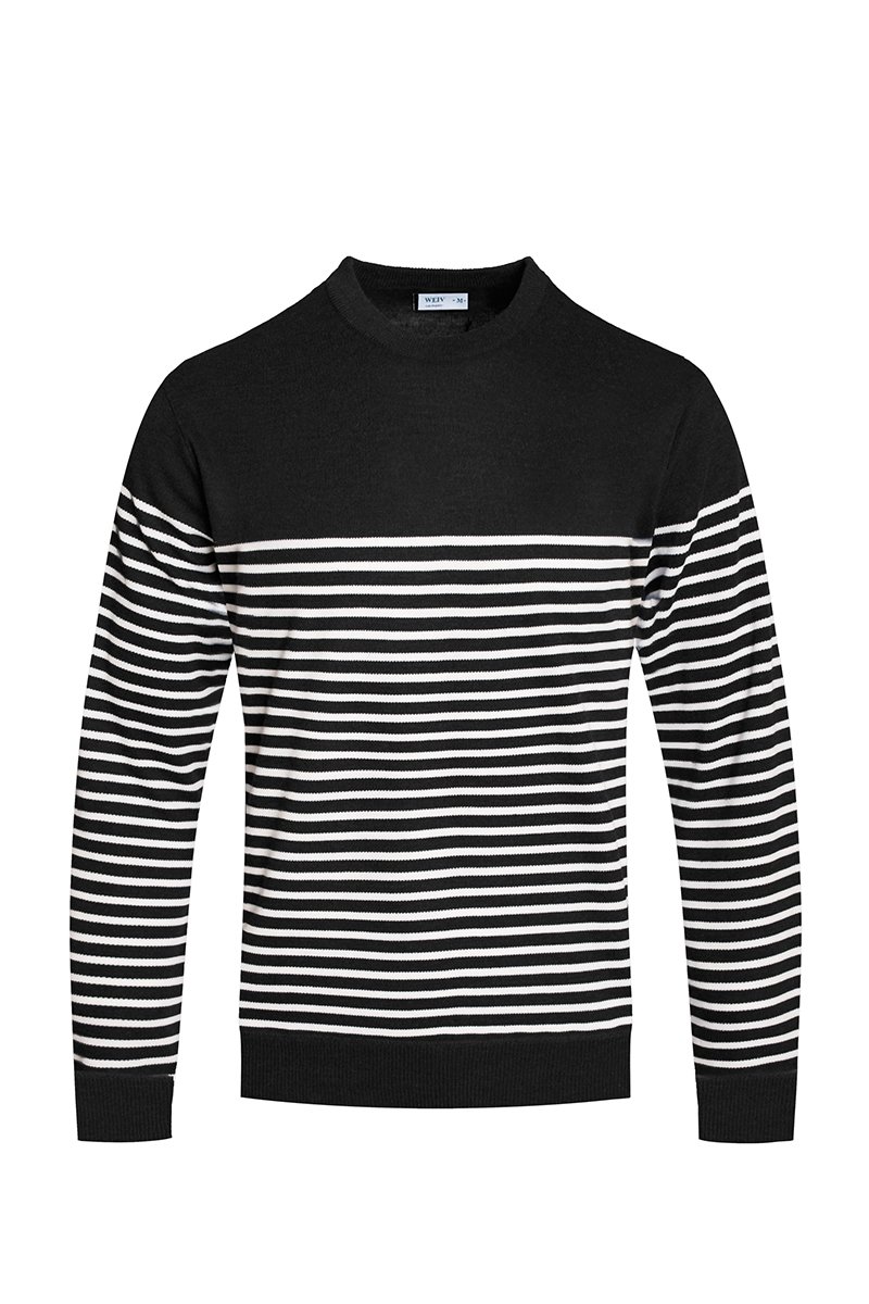 FULL KNIT STRIPED SWEATER NR2014 featuring a round neck design and a stylish two-color stripe pattern, made from 100% polyester.