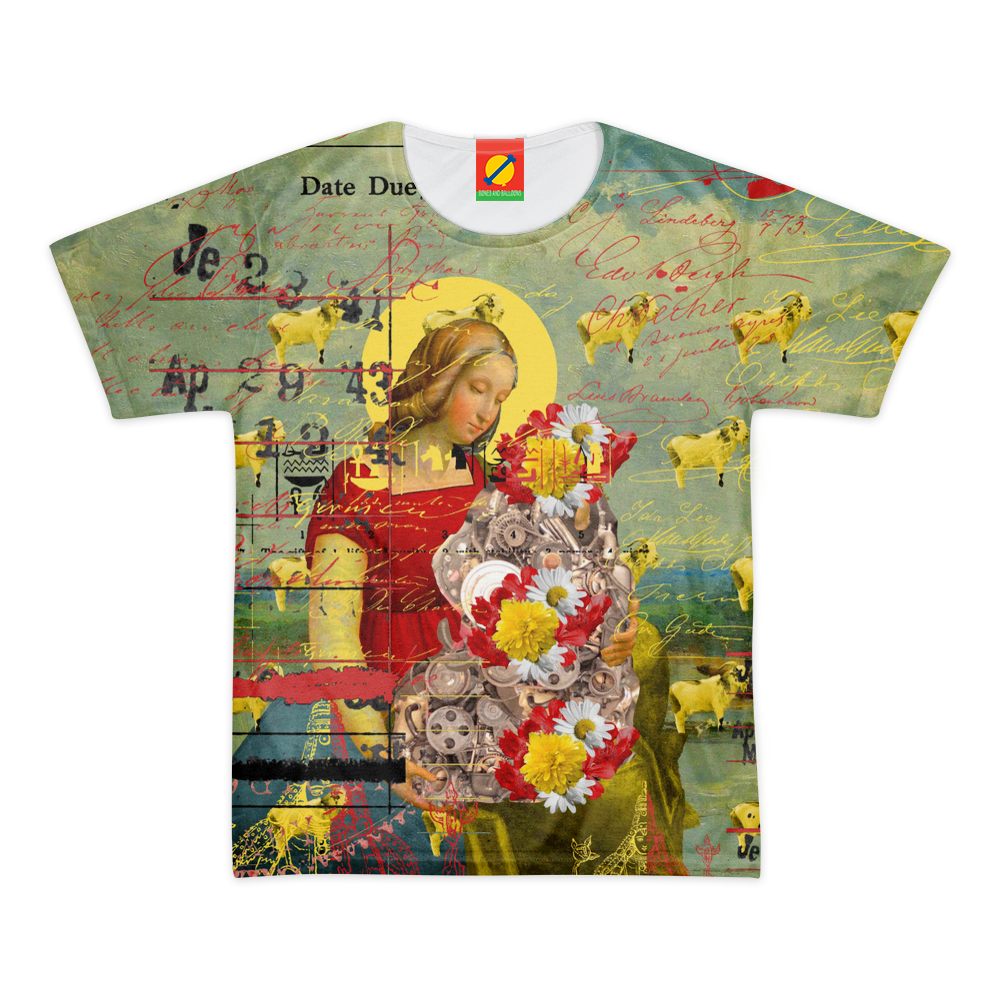 GOATS. III Women's All Over Print Tee featuring vibrant colors and a classic round neck design, made from 100% cotton.