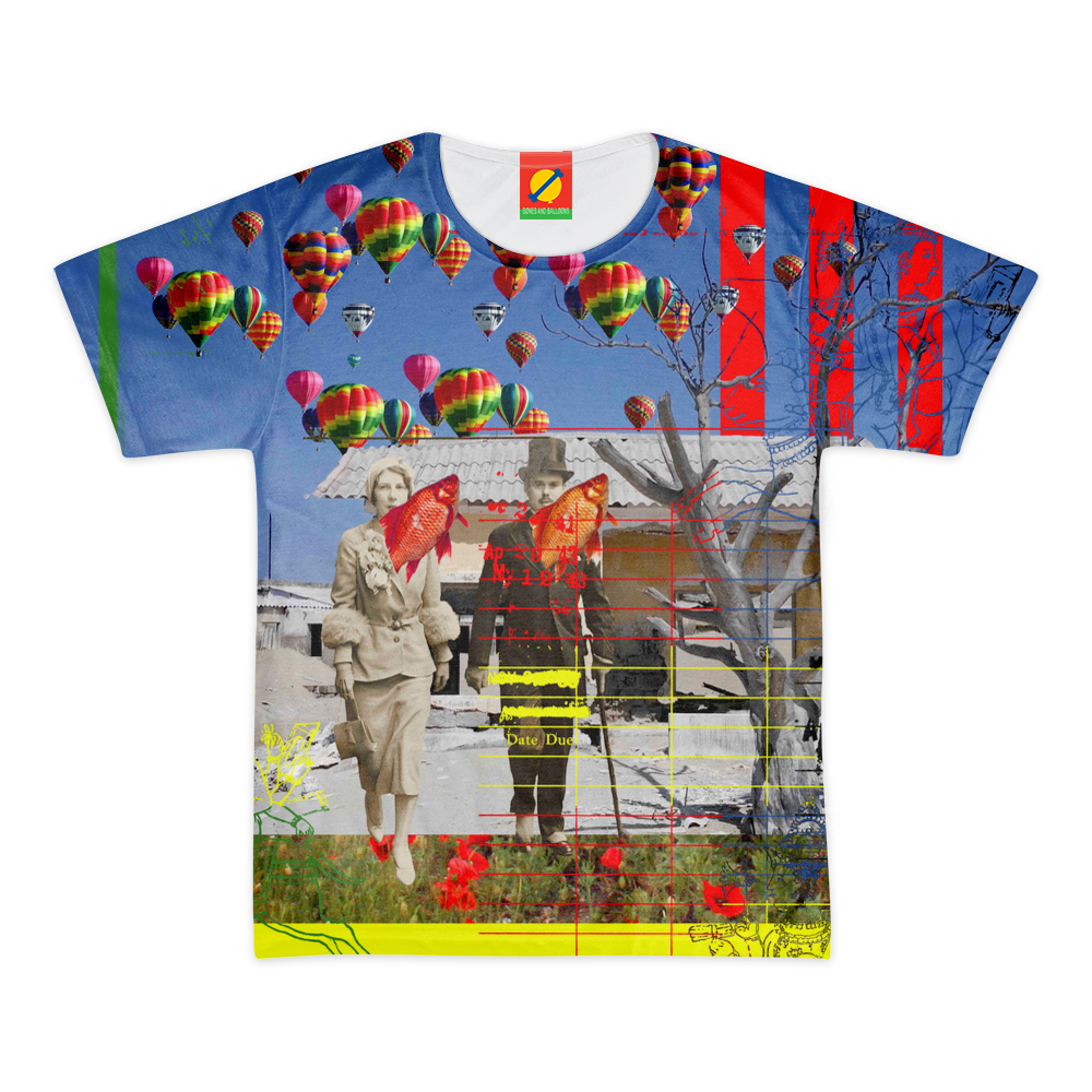 Men's all over print tee featuring vibrant colors and a classic round neck design, made from 100% cotton fabric.