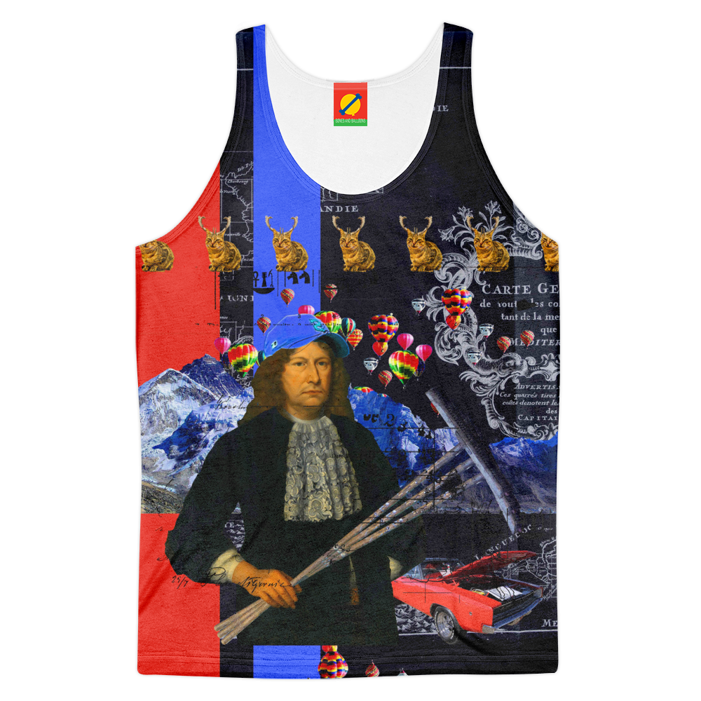 Men's tank top featuring an all-over print design with vibrant colors, perfect for summer wear.