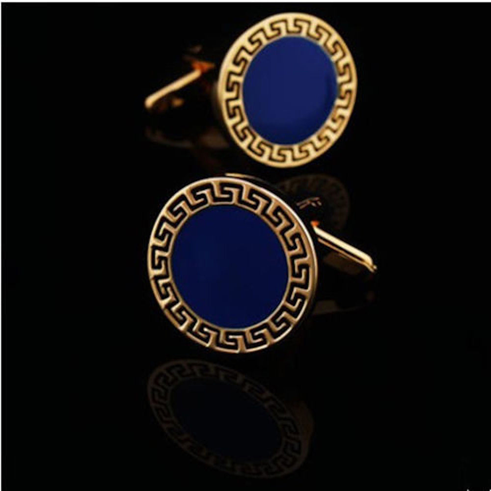 Gold and blue stainless steel circles cufflinks for men, elegantly designed with a dark blue stone triangle, presented in a stylish gift box.