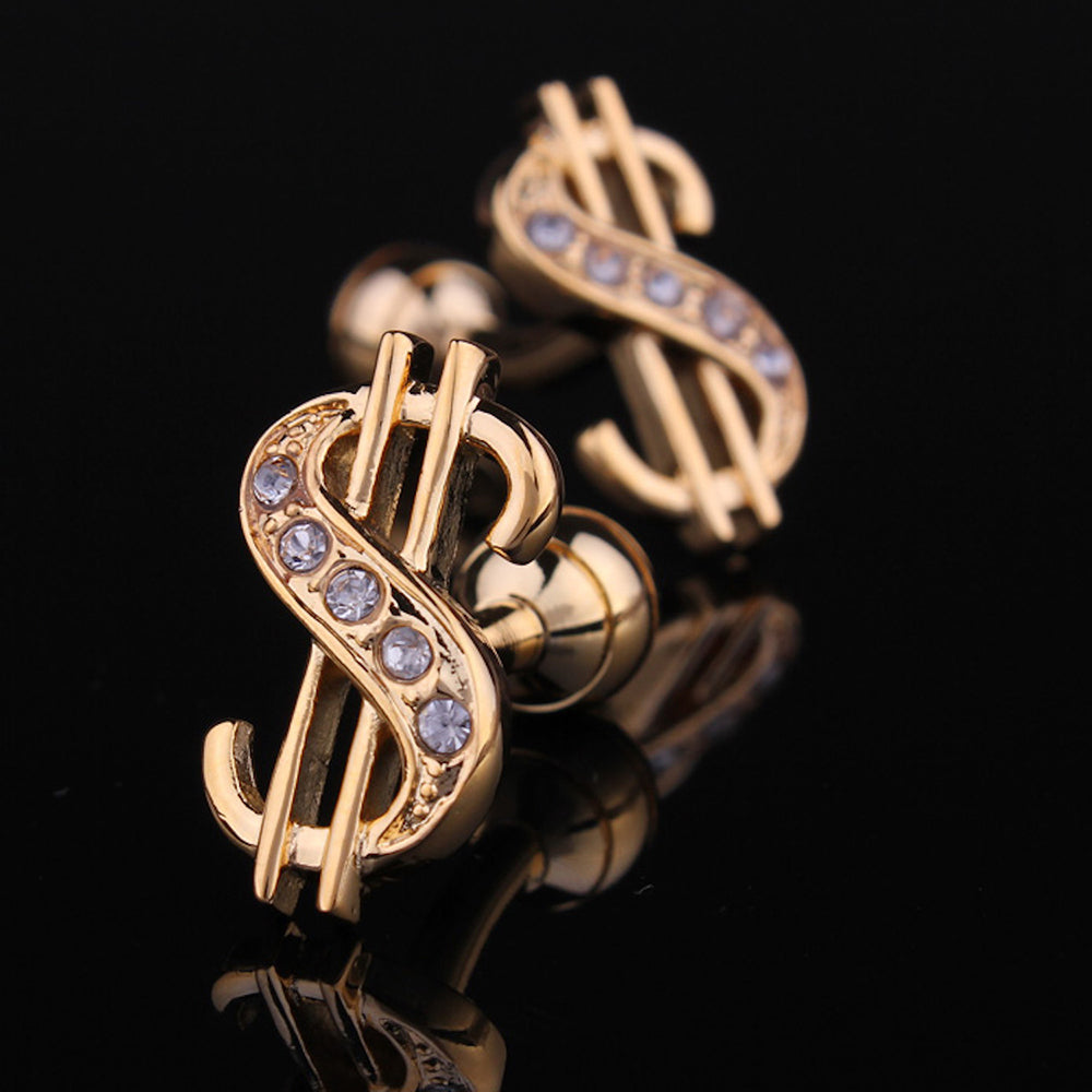 Gold Mens Stainless Steel Dollar Signs Cufflinks displayed in an elegant gift box, showcasing their luxurious design and craftsmanship.