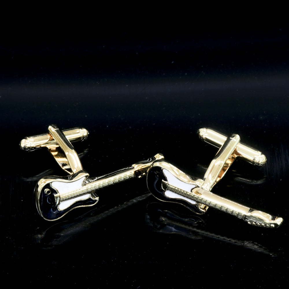 Gold Mens Stainless Steel Guitars Cufflinks displayed in an elegant gift box, showcasing their unique design and craftsmanship.