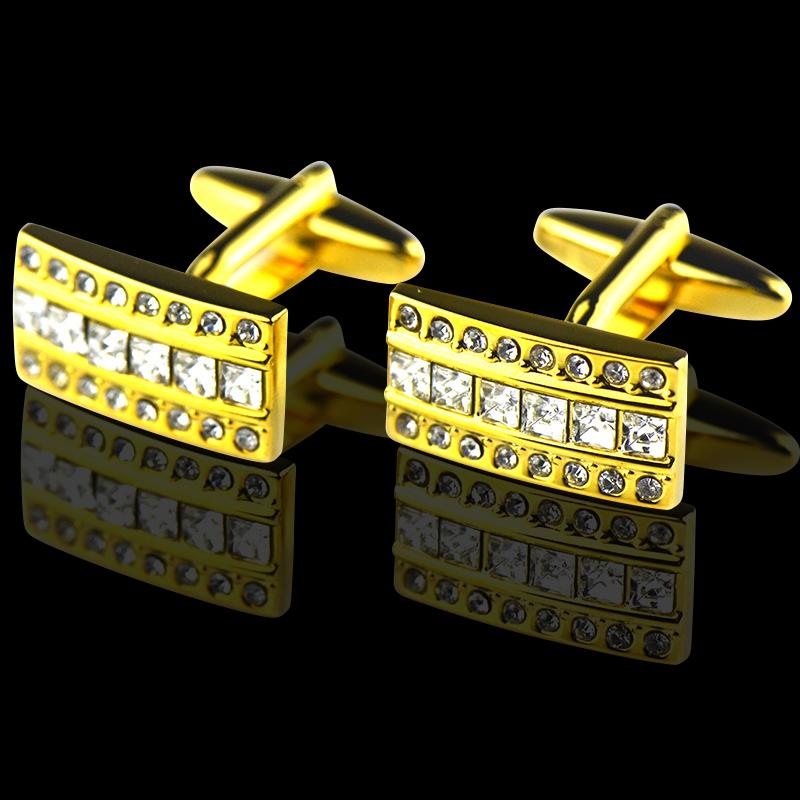 Gold Mens Stainless Steel Rectangle Cufflinks with dark blue zirconia stones, elegantly designed for formal and casual wear.