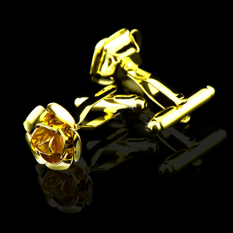Gold Mens Stainless Steel Rose Cufflinks displayed in an elegant gift box, showcasing their luxurious design and craftsmanship.