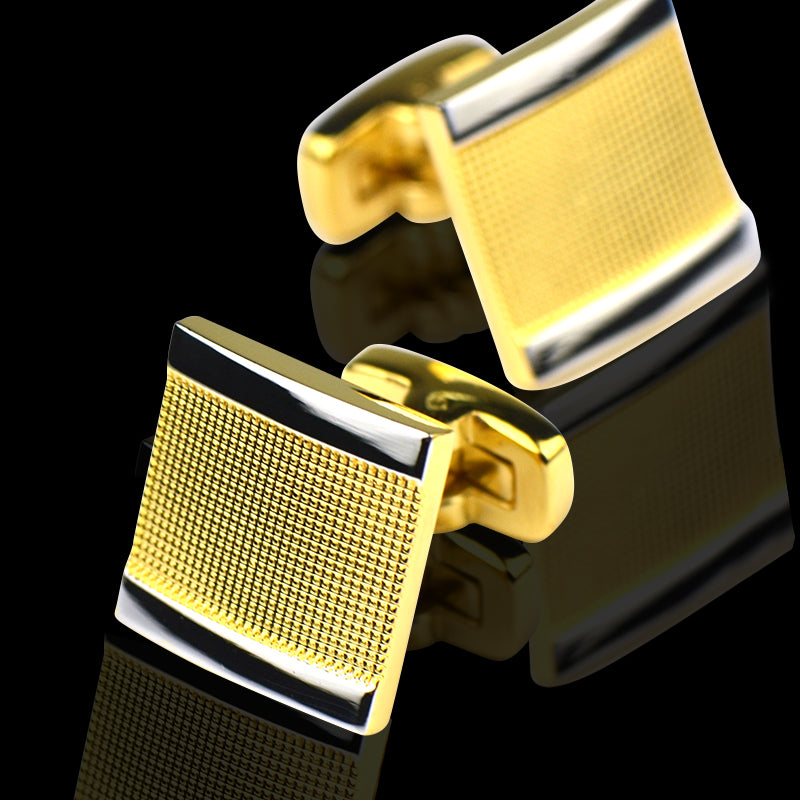 Gold Mens Stainless Steel Squares Cufflinks featuring a silver finish and dark blue stone triangle, elegantly displayed in a gift box.