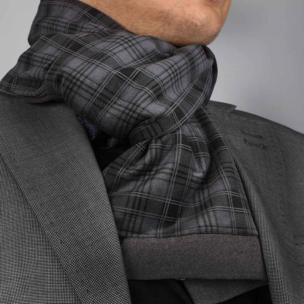 Gray Black Men's Silk Scarf displayed elegantly, showcasing its luxurious silk and suede material with a stylish plaid pattern.