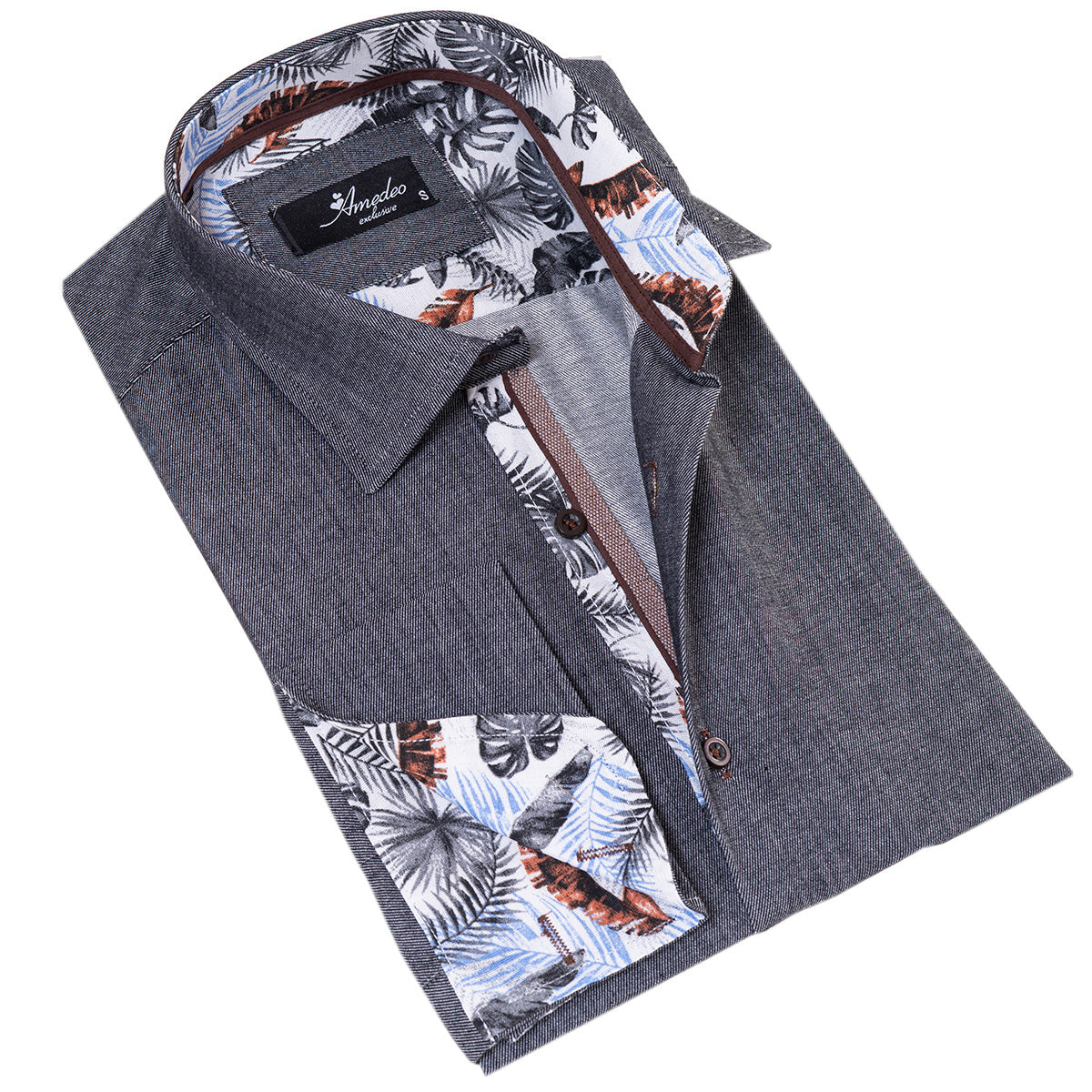 Gray Inside Tropical Printed Men's Slim Fit Designer French Cuff Shirt featuring a stylish design and reversible cuffs.