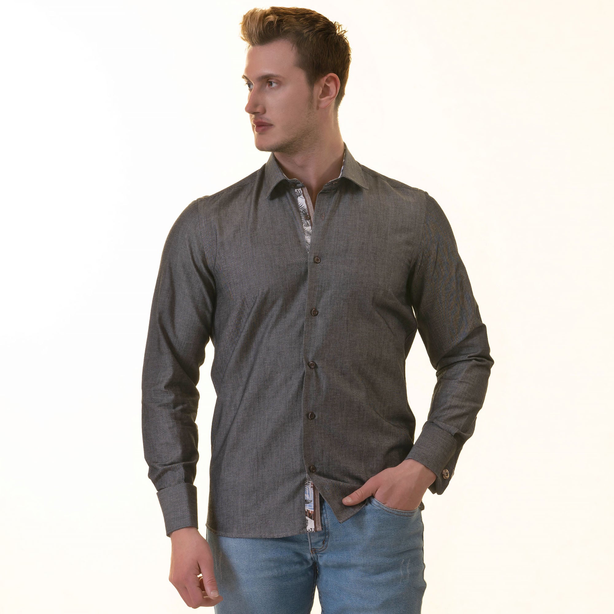 Gray Inside Tropical Printed Men's Slim Fit Designer French Cuff Shirt featuring a stylish design and reversible cuffs.