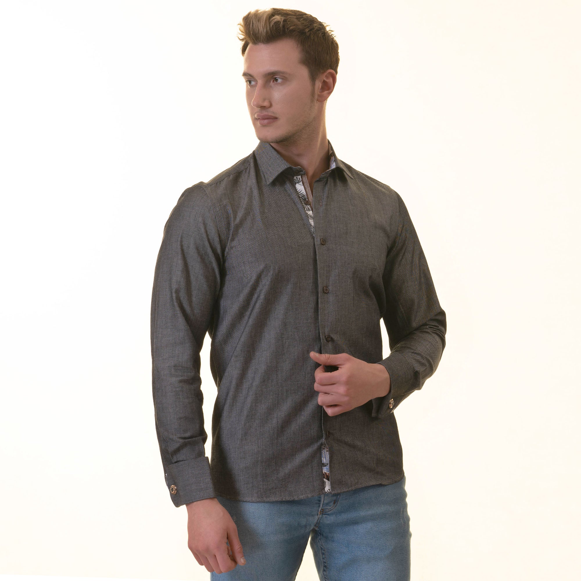 Gray Inside Tropical Printed Men's Slim Fit Designer French Cuff Shirt featuring a stylish design and reversible cuffs.