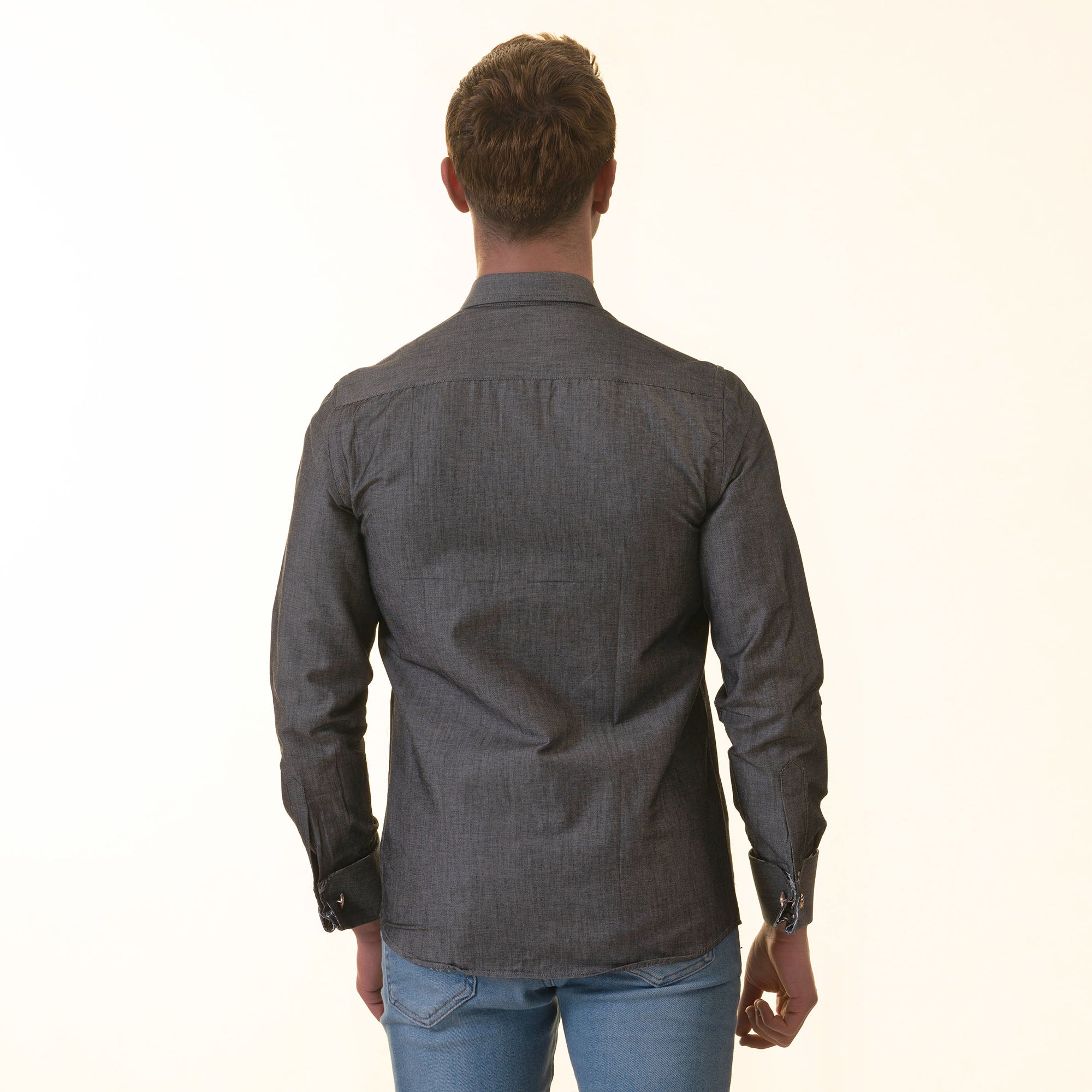 Gray Inside Tropical Printed Men's Slim Fit Designer French Cuff Shirt featuring a stylish design and reversible cuffs.