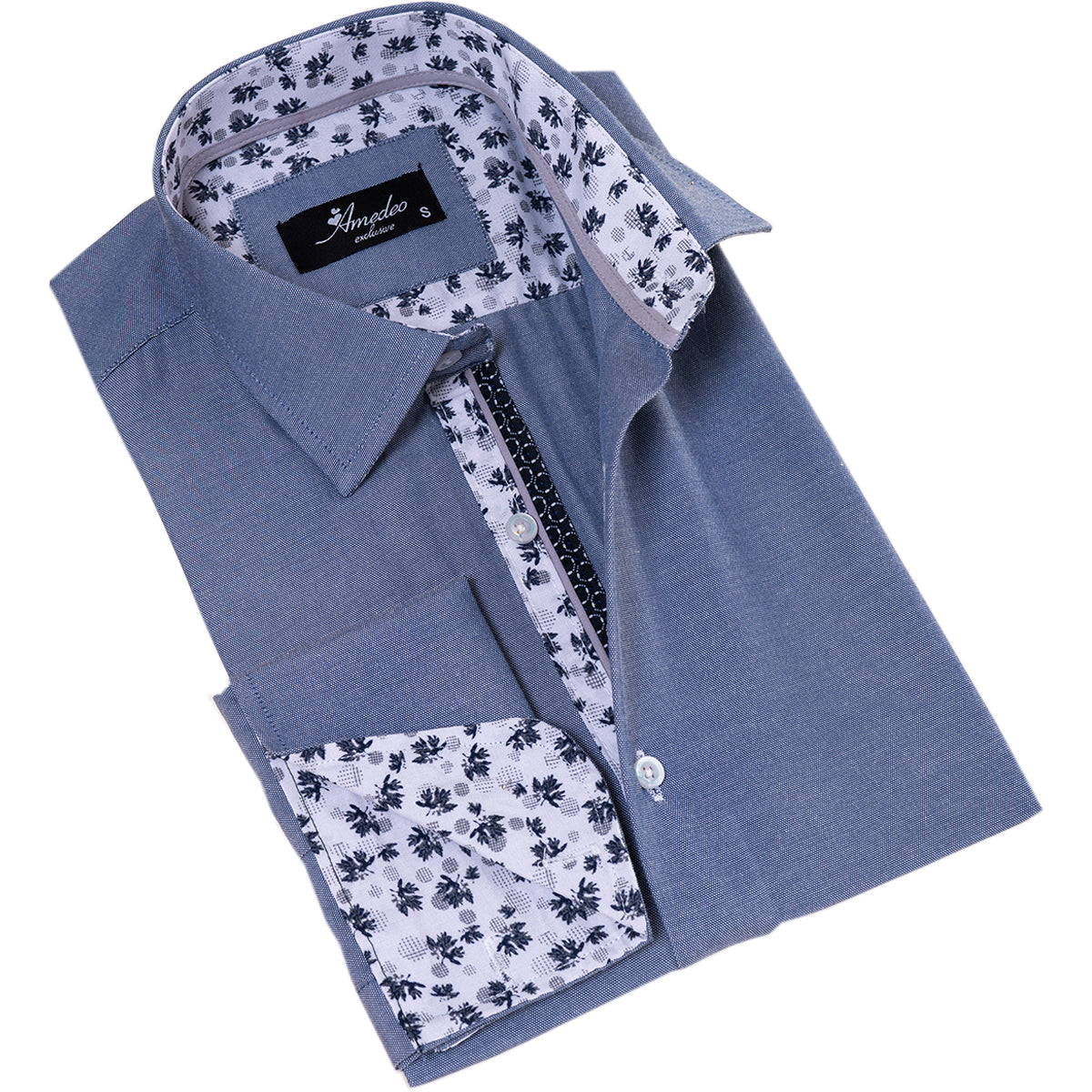 Grayish floral men's slim fit designer French cuff shirt with double reversible cuffs, perfect for formal and casual occasions.