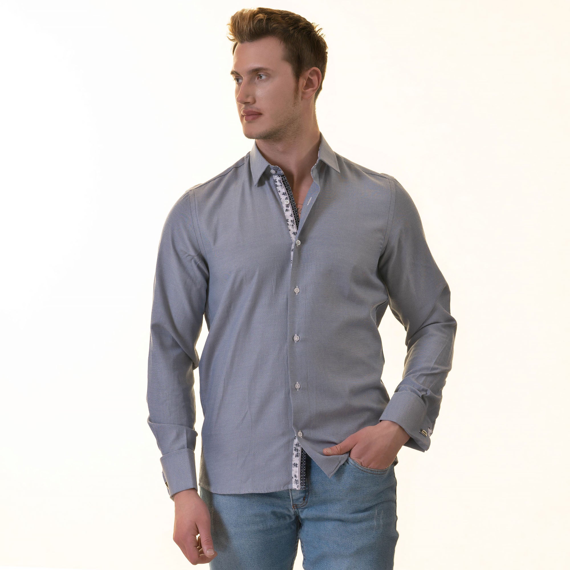 Grayish floral men's slim fit designer French cuff shirt with double reversible cuffs, perfect for formal and casual occasions.