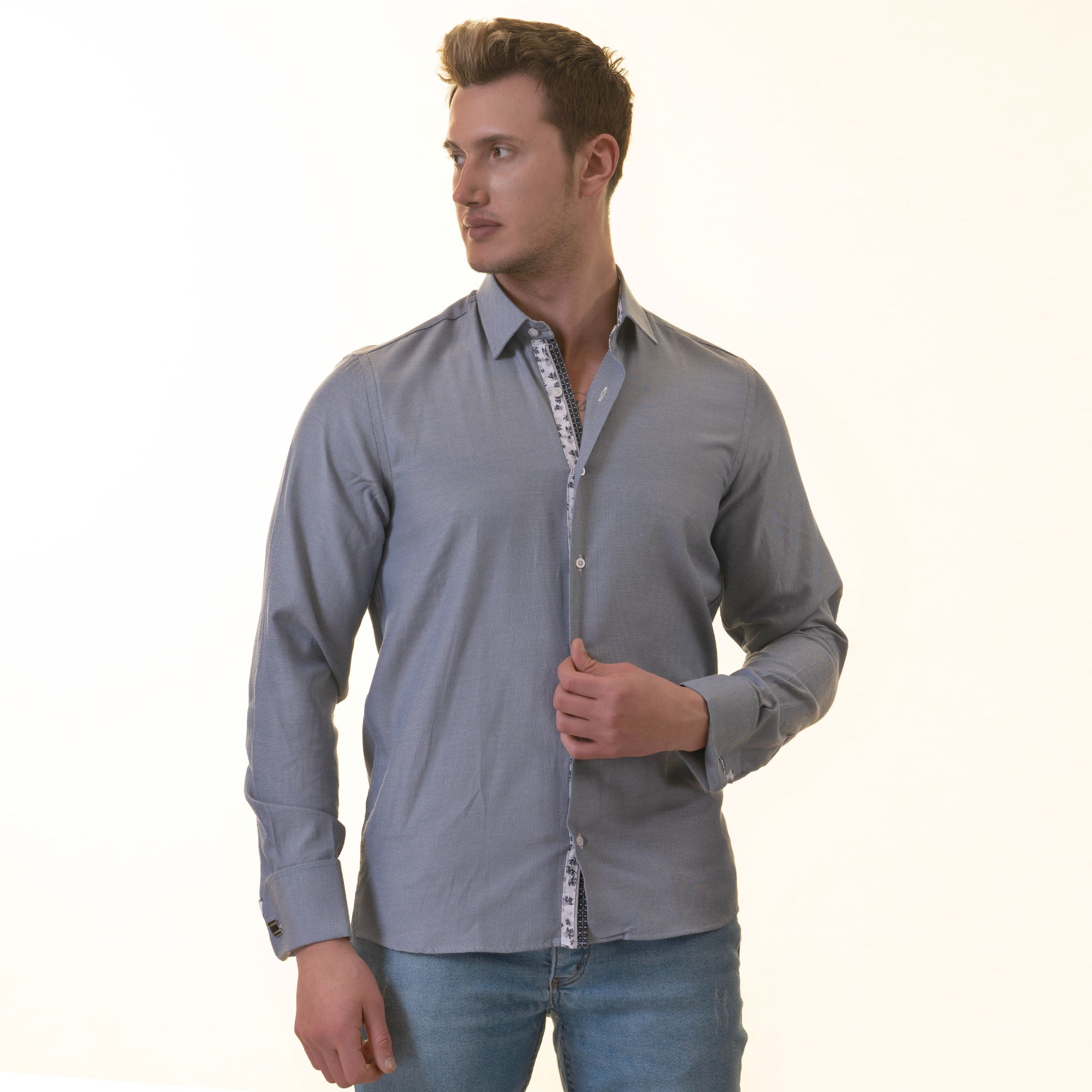 Grayish floral men's slim fit designer French cuff shirt with double reversible cuffs, perfect for formal and casual occasions.