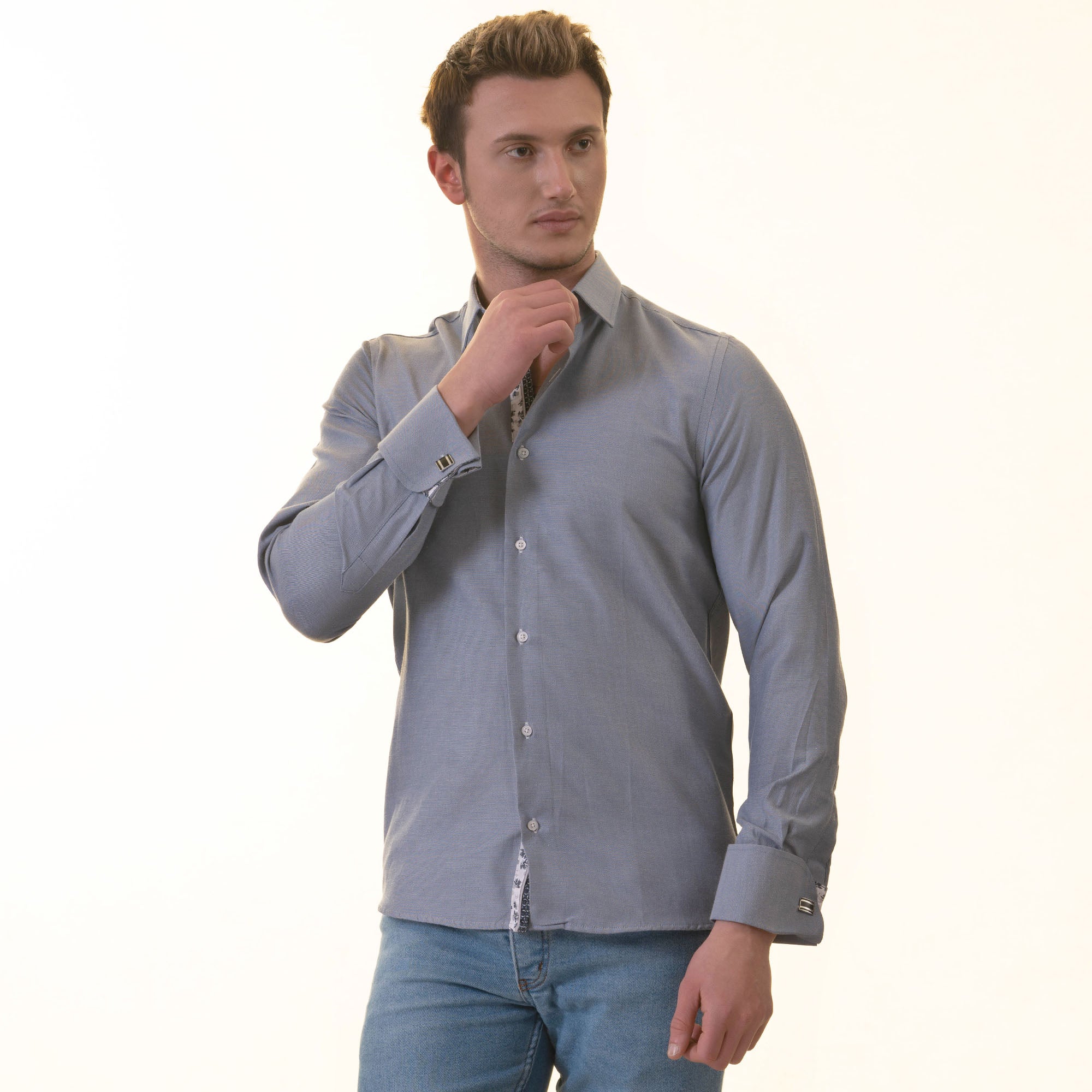 Grayish floral men's slim fit designer French cuff shirt with double reversible cuffs, perfect for formal and casual occasions.
