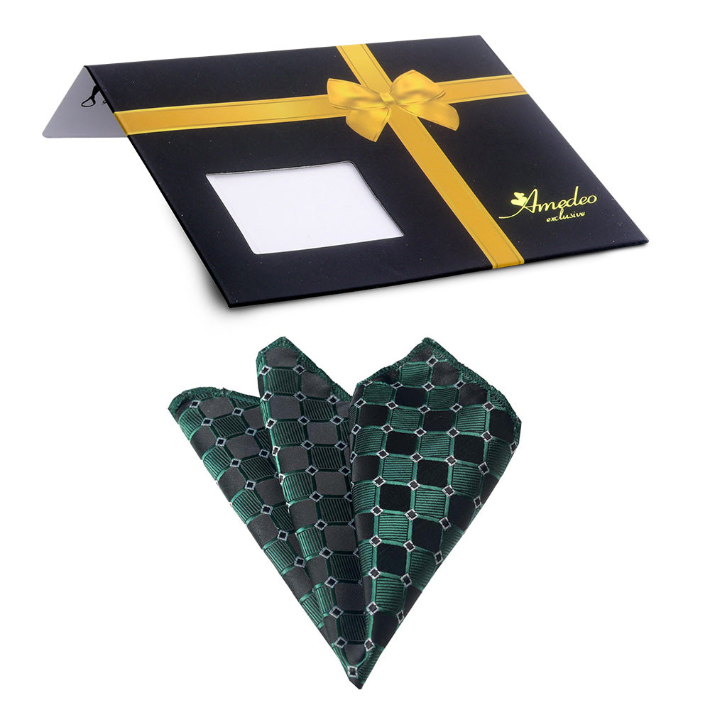 Green Black Mens Pocket Square made from premium jacquard woven silk, elegantly folded and displayed in a protective Amedeo bag.