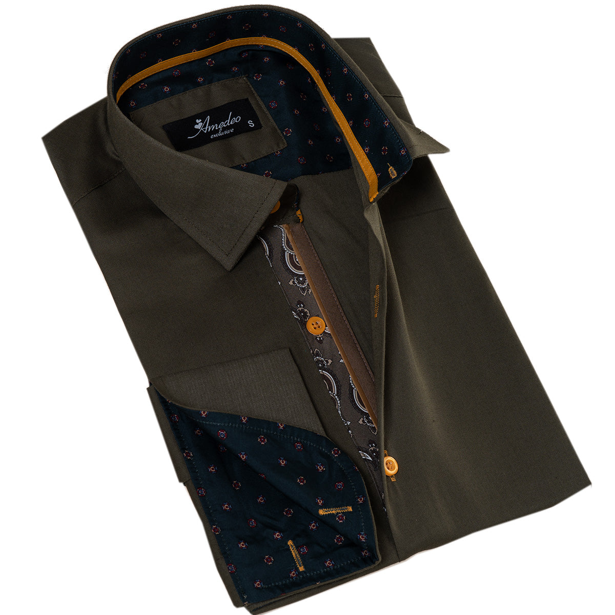 Green Inside Paisley Printed Men's Slim Fit Designer French Cuff Shirt showcasing its unique design and premium fabric.