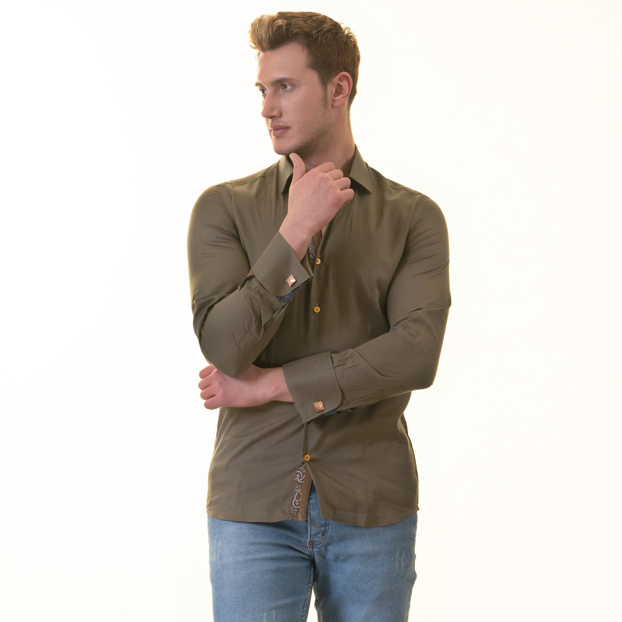 Green Inside Paisley Printed Men's Slim Fit Designer French Cuff Shirt showcasing its unique design and premium fabric.