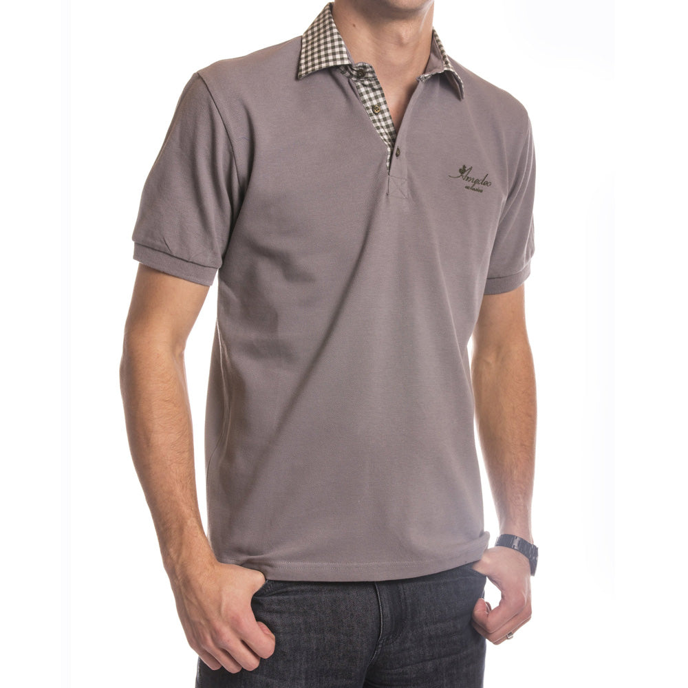 Grey checkered mens slim fit polo shirt made from 100% soft cotton, featuring a tailored design and short sleeves.