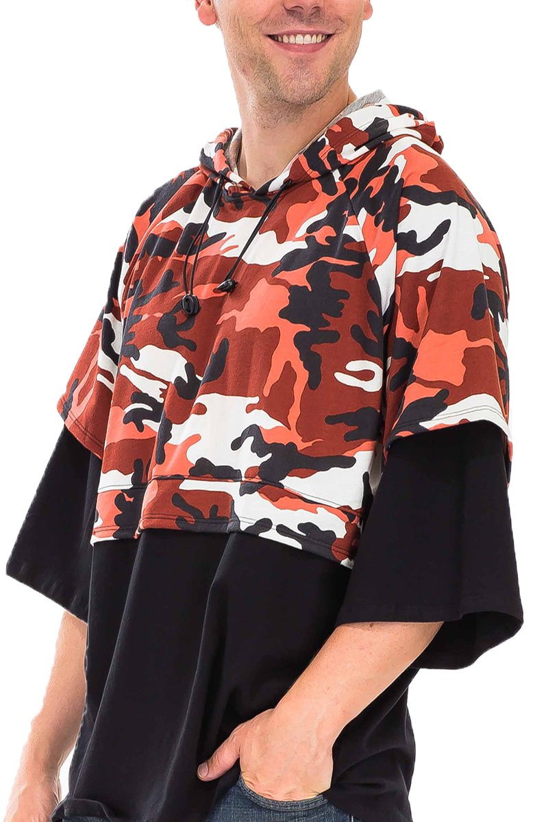 Half Camo French Terry Pullover featuring a stylish camo design, hood with drawstring, and oversized fit, perfect for casual wear.