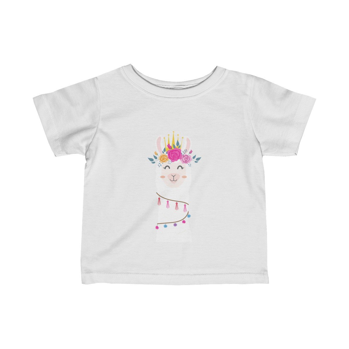 Happy Baby Llama Queen Infant Girls Tee featuring a cute llama graphic, made from soft cotton fabric, perfect for infants.