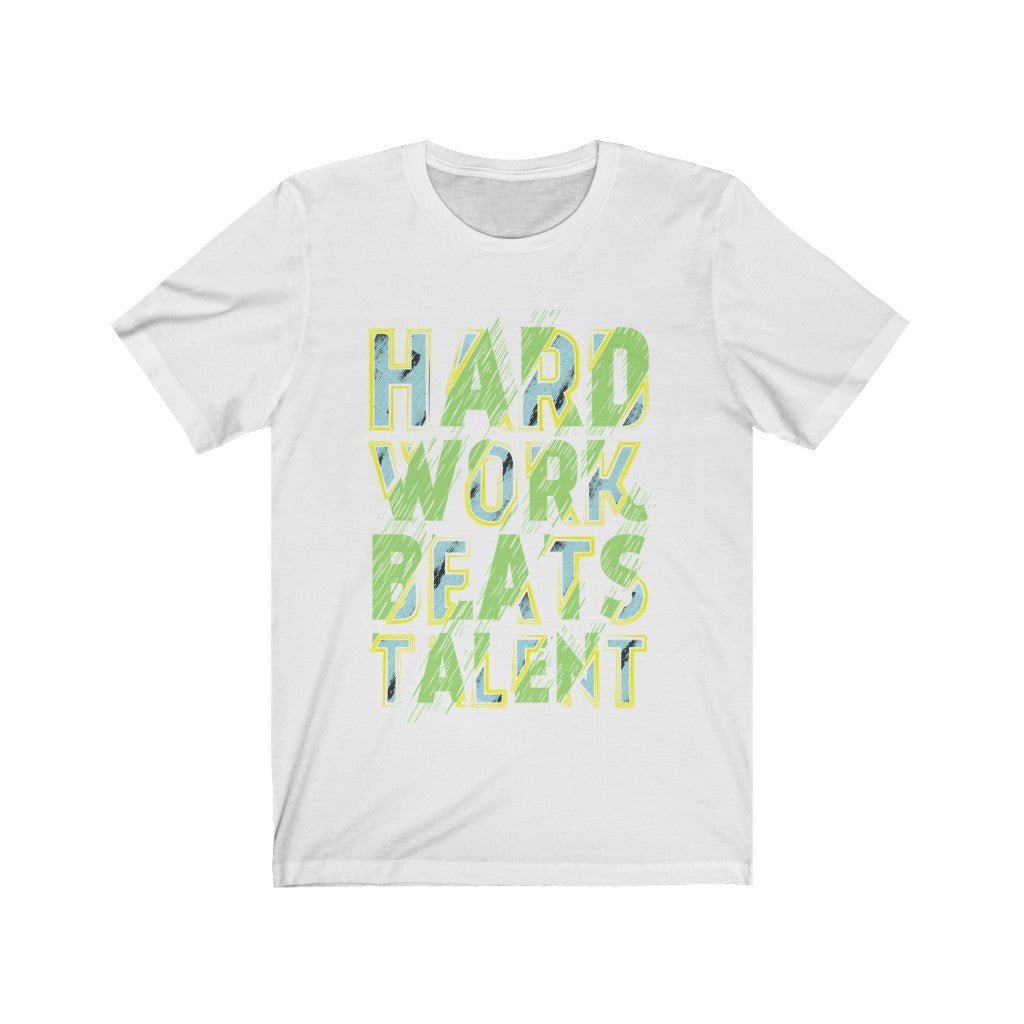 Hard Works Beats Talent Lettering T-Shirt in soft cotton, featuring a unisex fit and vibrant vinyl print, designed and printed in the USA.
