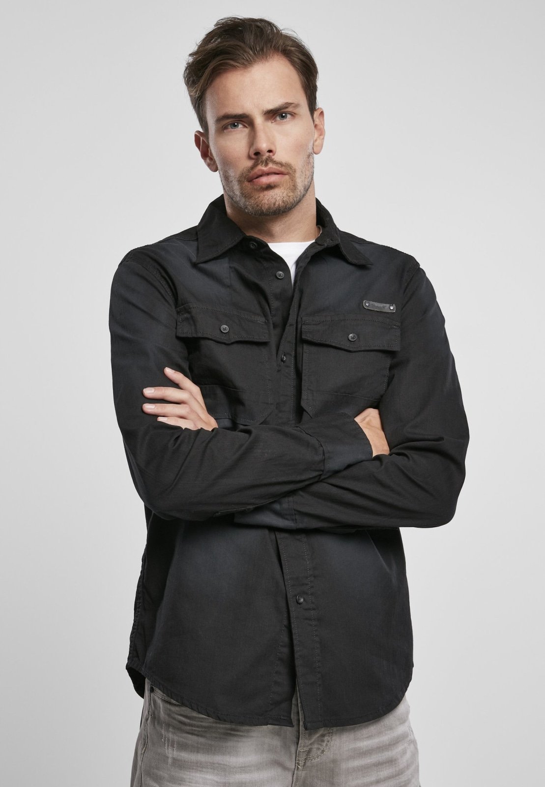 Hardee Denim Shirt featuring unique partial bleaching and 100% cotton fabric, showcasing a stylish urban design.