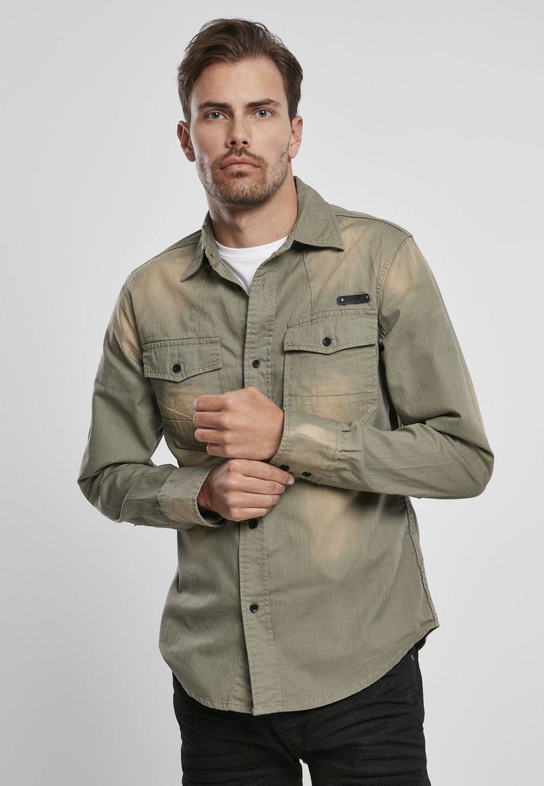 Hardee Denim Shirt featuring unique partial bleaching and 100% cotton fabric, showcasing a stylish urban design.