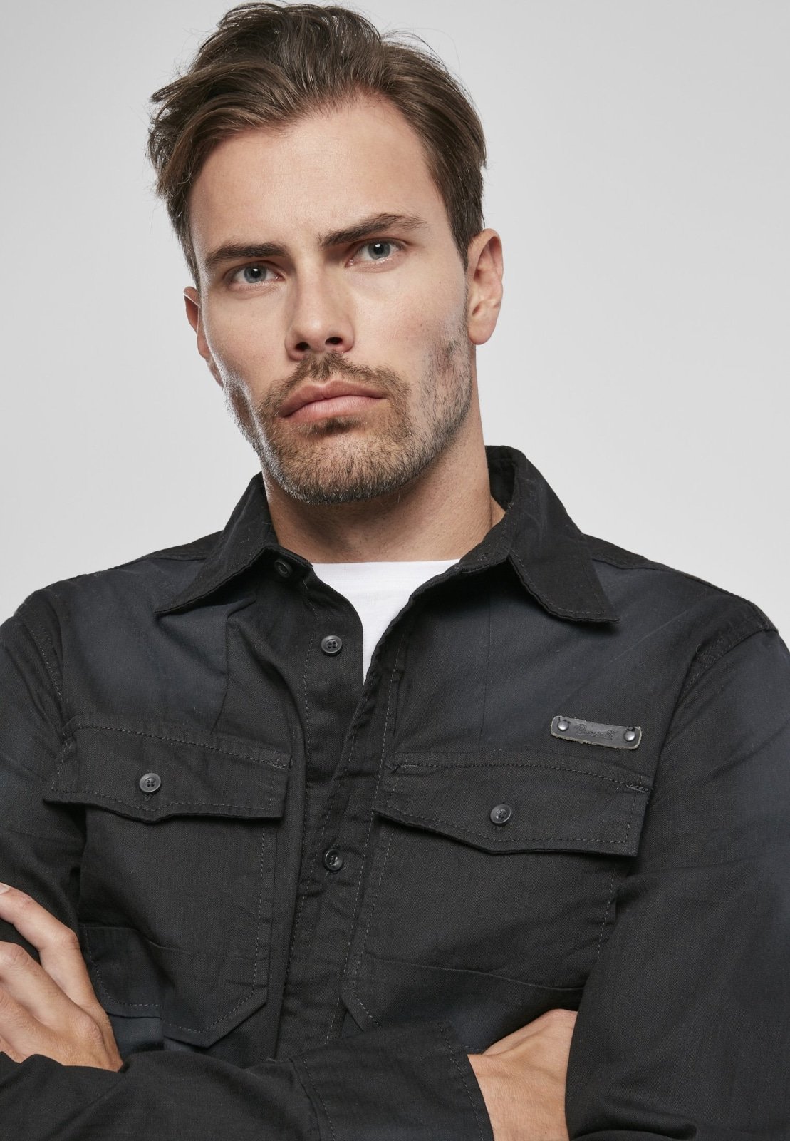Hardee Denim Shirt featuring unique partial bleaching and 100% cotton fabric, showcasing a stylish urban design.