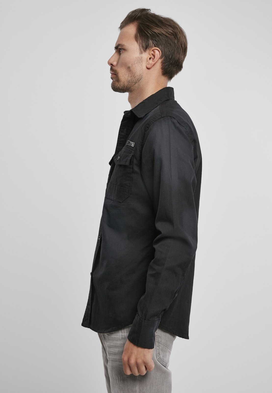 Hardee Denim Shirt featuring unique partial bleaching and 100% cotton fabric, showcasing a stylish urban design.