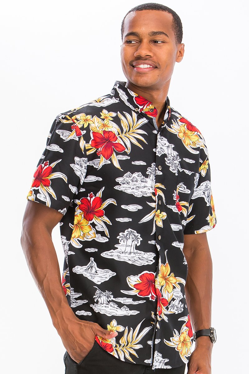 A vibrant Hawaiian button down shirt featuring unique digital prints, a chest pocket, and a regular fit, perfect for summer wear.