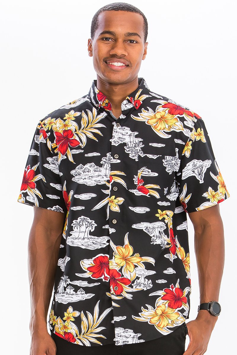 A vibrant Hawaiian button down shirt featuring unique digital prints, a chest pocket, and a regular fit, perfect for summer wear.