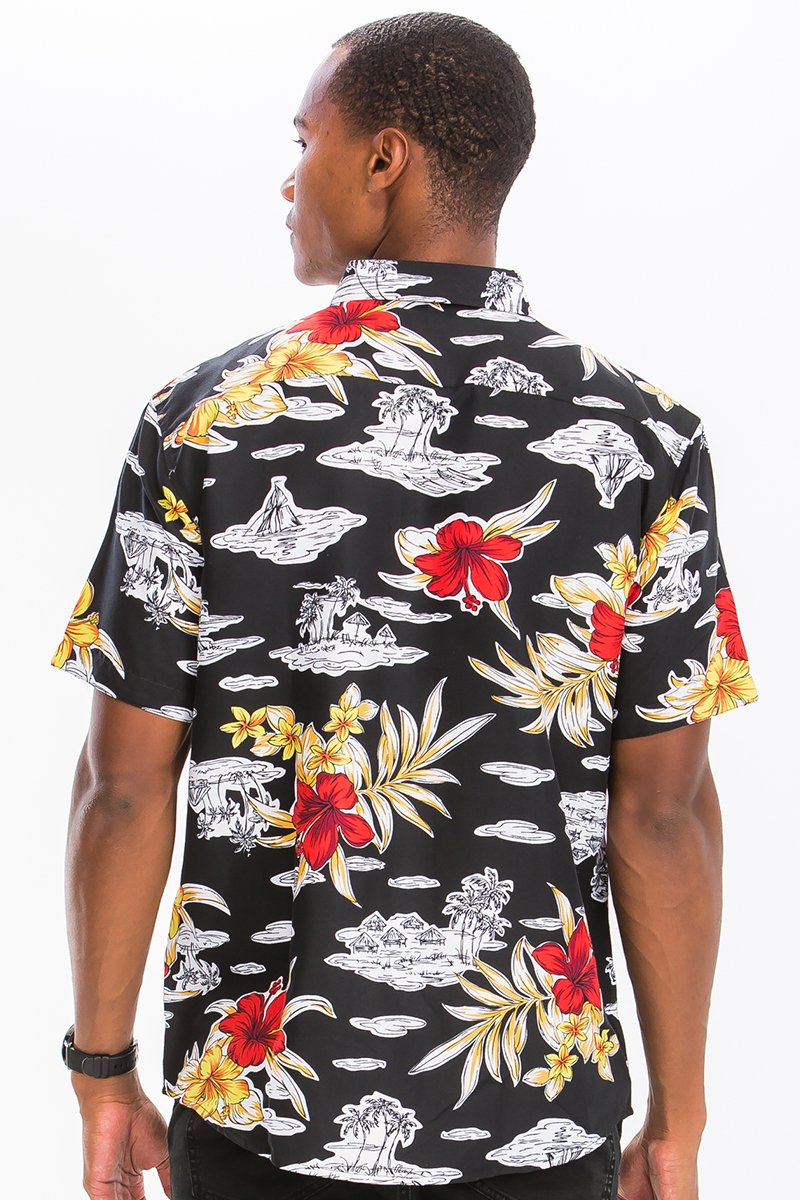 A vibrant Hawaiian button down shirt featuring unique digital prints, a chest pocket, and a regular fit, perfect for summer wear.