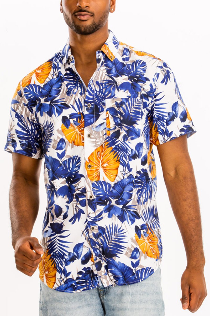 A vibrant Hawaiian button down shirt featuring a unique digital all-over print, showcasing a chest pocket and a regular fit.