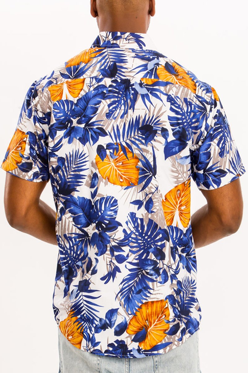 A vibrant Hawaiian button down shirt featuring a unique digital all-over print, showcasing a chest pocket and a regular fit.