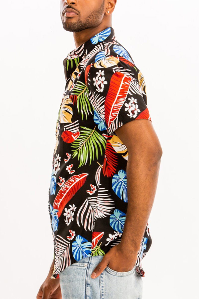A vibrant Hawaiian button down shirt featuring a unique digital print, chest pocket, and a comfortable regular fit, perfect for summer outings.
