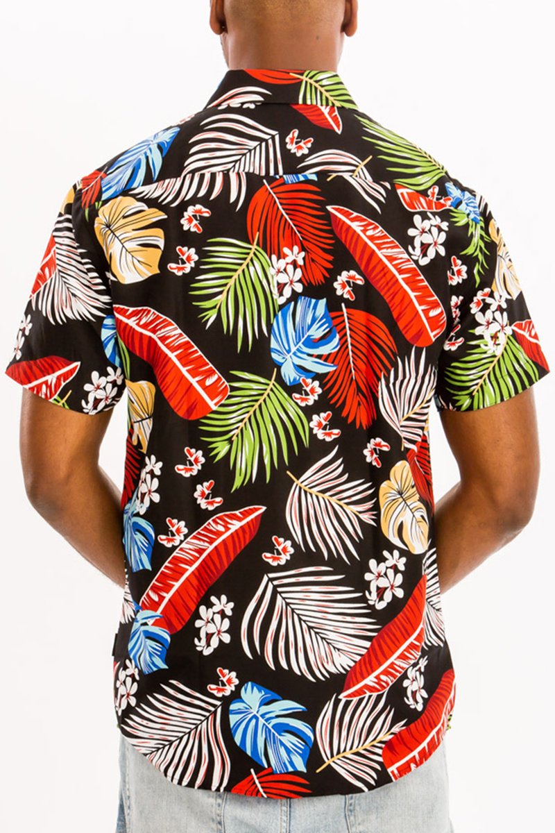 A vibrant Hawaiian button down shirt featuring a unique digital print, chest pocket, and a comfortable regular fit, perfect for summer outings.