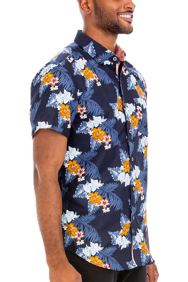 A vibrant Hawaiian button down shirt featuring unique digital prints, showcasing a chest pocket and a regular fit, perfect for summer wear.