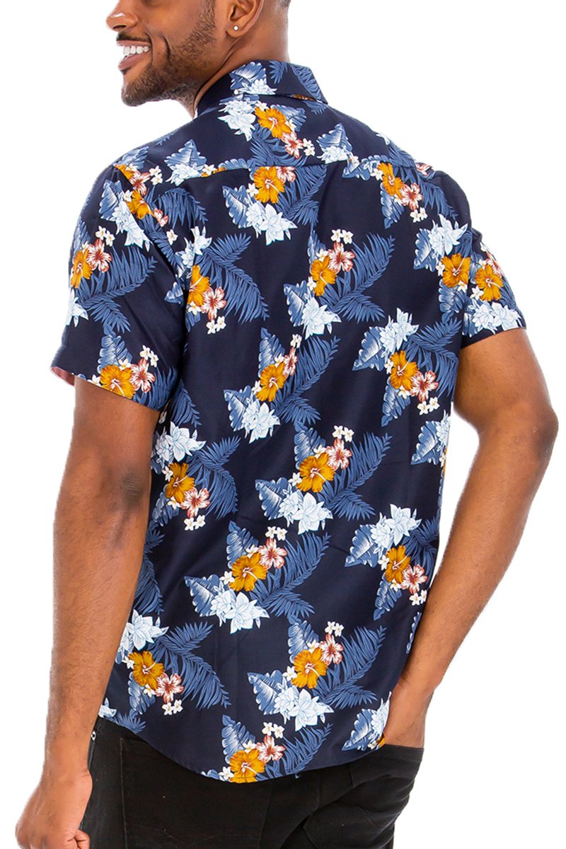 A vibrant Hawaiian button down shirt featuring unique digital prints, showcasing a chest pocket and a regular fit, perfect for summer wear.